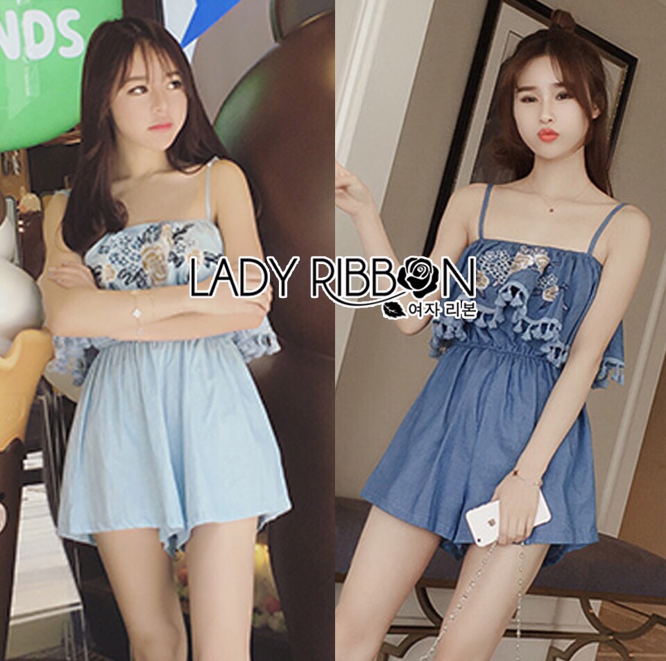 Lady Ribbon Online LR17020616 🎀 Lady Ribbon's Made 🎀 Lady Lyla Floral Embroidered Spaghetti Strap Denim Jumpsuit with Tassels
