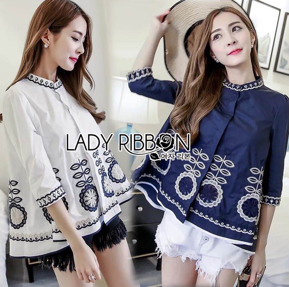 Lady Ribbon ขายส่ง LR08260516 🎀 Lady Ribbon's Made 🎀 Lady Rosie Flower Embroidered Button-Down Embroidered Cotton Blouse เ