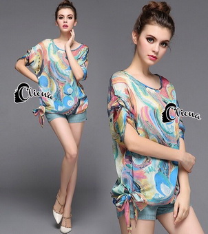 Lady Ribbon Online เสื้อผ้าออนไลน์ขายส่ง Cliona เสื้อผ้า,CN06220816 Cliona made'Maria Rainbow Shirt + Short Set - set เสื้อผ้าชีฟอง