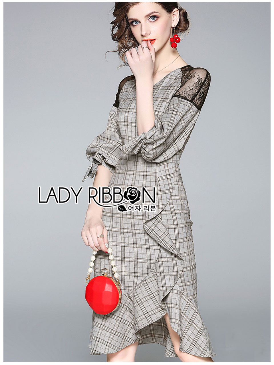 Ruffle Dress เดรสผ้าคอตตอนทอลายสก็อตสีเทา