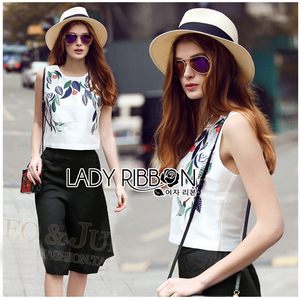 🎀 Lady Ribbon's Made 🎀 ขายส่ง Lady Laura Casual Nature Embroidered Cropped Top and Culottes Se