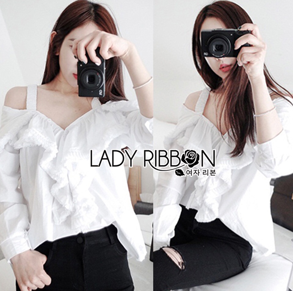 Lady Ribbon Natalie Sexy Off-Shoulder Ruffle Cotton Top เสื้อผ้าคอตตอนแท้
