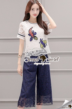 Lady Ribbon Online ขายส่งเสื้อผ้าออนไลน์ของแท้ SS16070716 Seoul Secret Say's... Buggy Lace Stick Saphire Blue Lace Pants Set