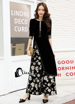 เสื้อตัวยาวกำมะหยี่พร้อมกับกางเกง