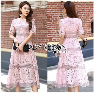 Lady Ribbon Online ขายส่งเสื้อผ้าออนไลน์ Lady Ribbon พร้อมส่ง LR18040816 🎀 Lady Ribbon's Made 🎀 Lady Carly Feminine Pinky Striped Lace Maxi Dress เดรสยาวผ้าลูกไม้สี