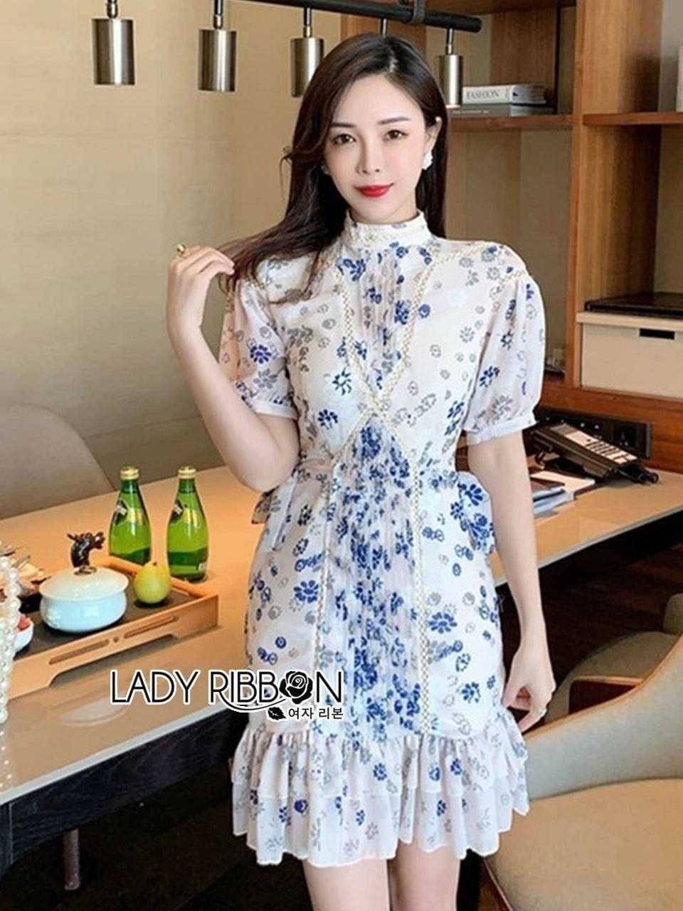 เดรสสั้นสีเบจลายดอกไม้