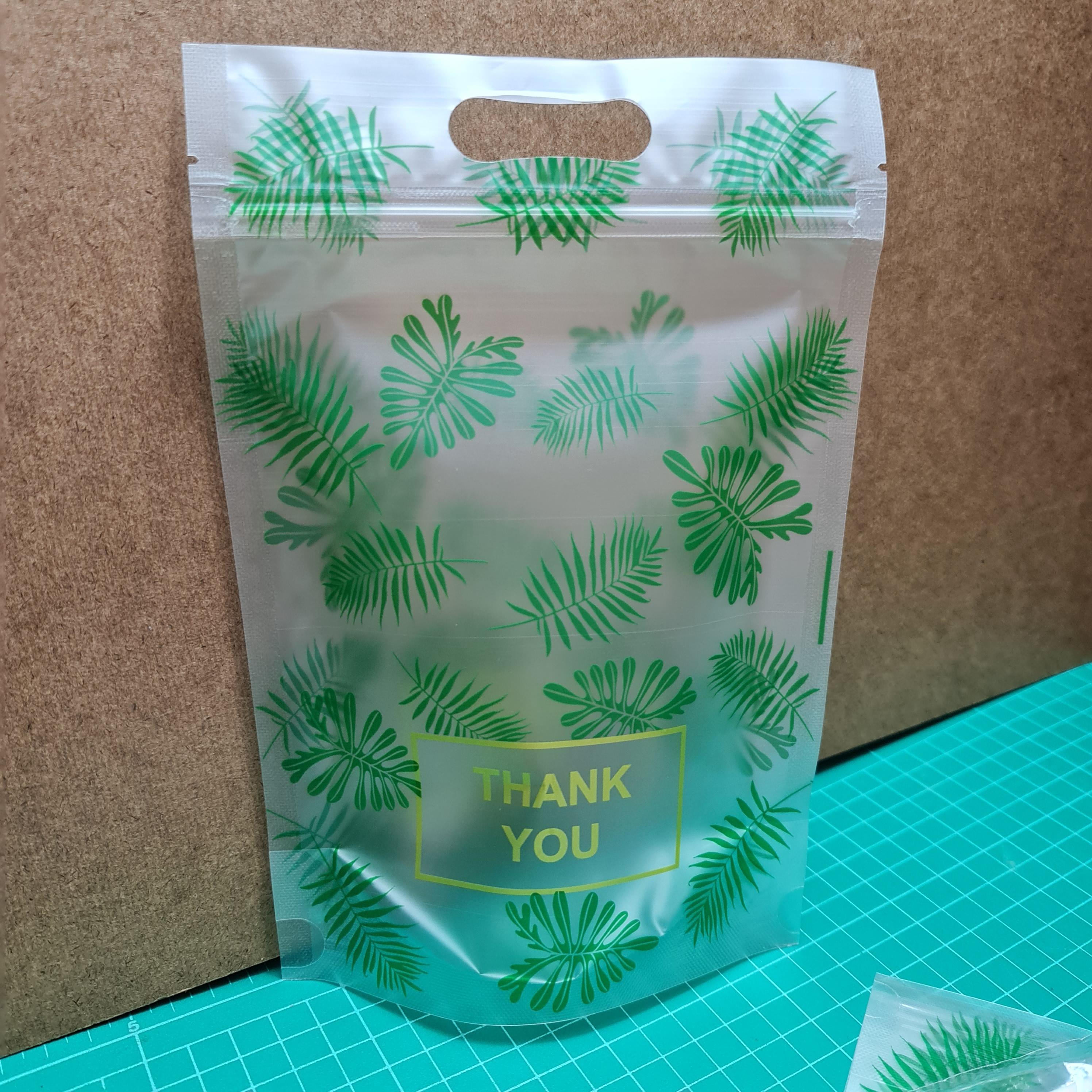 ✅️🇹🇭 ถุงซิป หูหิ้วตั้งได้ ขุ่นใบไม้ ThankYou 15.5*23+5cm. 50ใบ พลาสติก แพ็คเกจ เบเกอรี่ j12