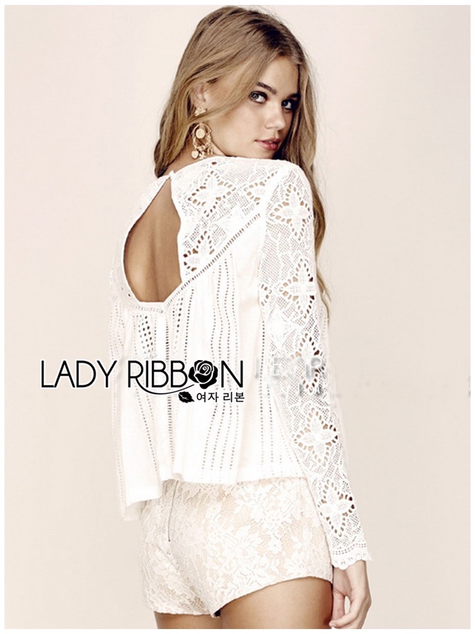Lady Ribbon's Made Lady Seraphina Sweet Vintage Embroidered Lace and Cotton Blouse เสื้อแขนยาวผ้าลูกไม้ตัดต่อคอตตอนปักลายสีขาวสไตล์วินเทจ