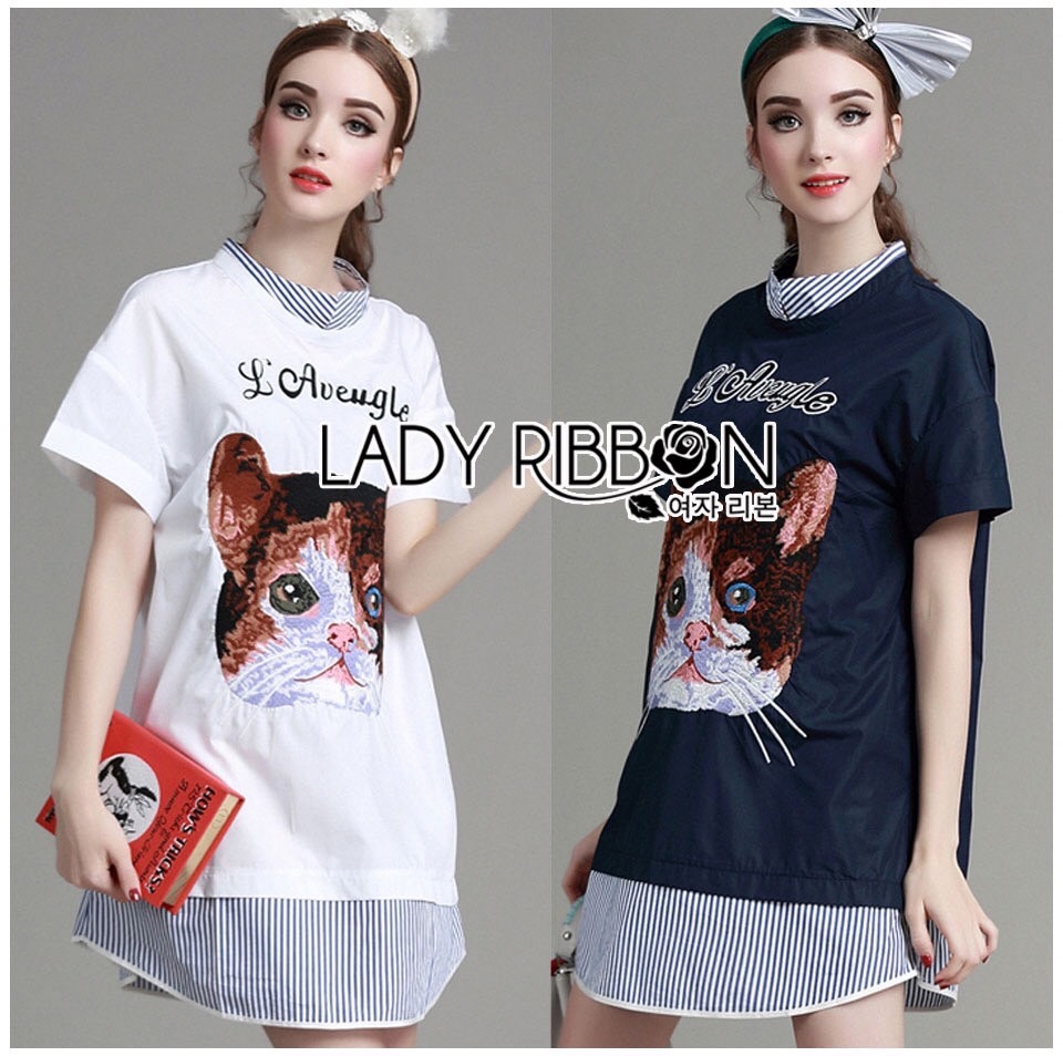 Lady Ribbon Online เสื้อผ้า ออนไลน์ ขายส่ง LR05230616 🎀 Lady Ribbon's Made 🎀 Lady Elena Preppy Cutie Kitten Embroidered Cotton Dress เ