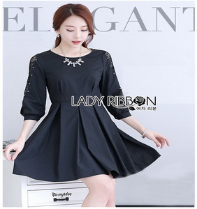 Black Cotton Pleated Dress Lady Ribbon เดรสดำ
