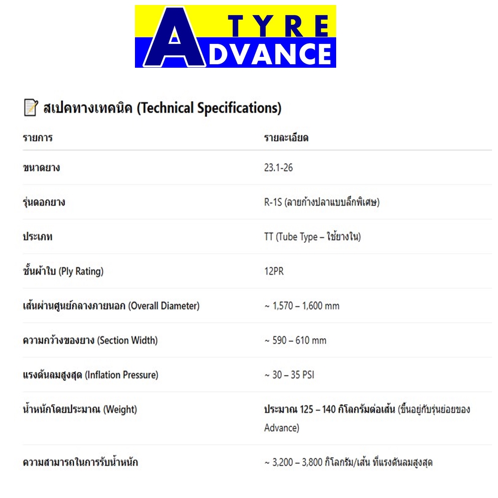 ยางรถบด ขนาด 23.1-26 รุ่น R-1S ชนิด TT 12PR (ยางรถทำถนน ลายก้างปลา) ยี่ห้อ Advance