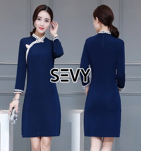 Dress คอจีน ทรงสวยเนื้อผ้าคอตตอนผสมโพลีเอสเตอร์
