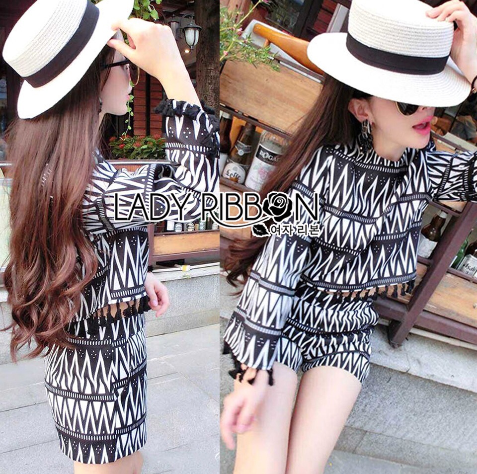 Lady Ribbon's Made 🎀 เสื้อผ้า Lady Courtney Tribal Geometric Printed Top with Tassels and Hot Pants Set เซ็ตเสื้อแขนสามส่วนประดับพู่มีราคา
