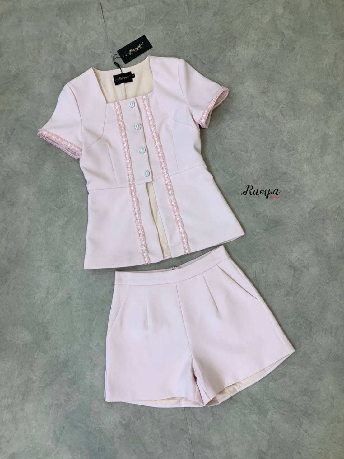 ชุดเซตเสื้อแขนสั้นดีเทลแต่งแถบฟรุ้งฟริ้ง