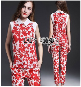 Lady Ribbon Red Floral Printed Collared Top and Pants Set เซ็ตเสื้อและกางเกงขายาว