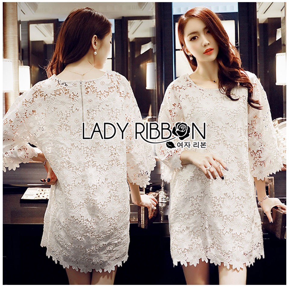 ladyribbon Lady Ribbon เสื้อผ้าพร้อมส่ง เสื้อผ้า Lady Ribbon พร้อมส่ง เลดี้ริบบอน Lady Ribbon's Made 🎀 ady Erin Sweet Classic Flower Lace Dress in White เ