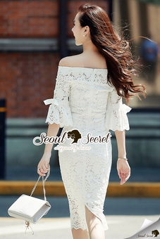 SS02010916 Seoul Secret Say's...OpenShoulder Lace Bell Sleeve Dress Material : สวยหวานสไตล์สาวหวาน