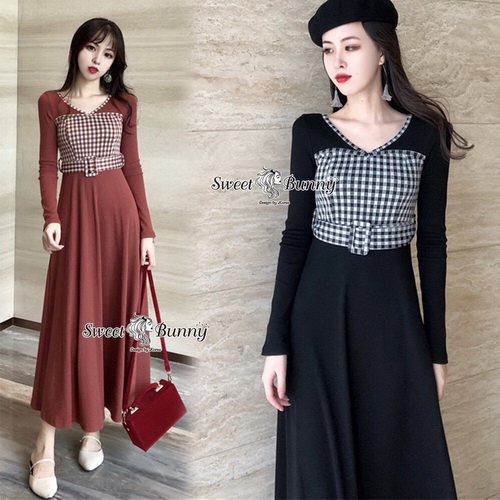 Maxi Dress เกาหลีผ้าไหมพรมเดรสทรงคอวีแขนยาว