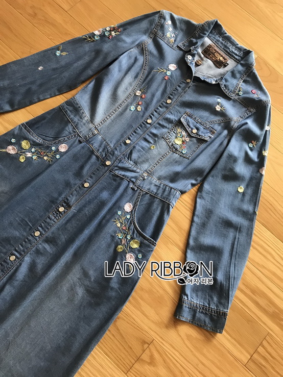 Denim Shirt Long Dress เชิ้ตเดรสยาวผ้าเดนิมปักลายดอกไม้