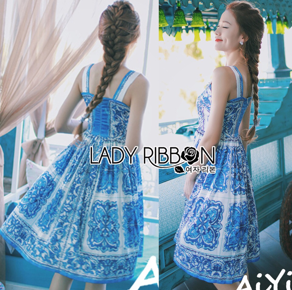 🎀 Lady Ribbon's Made 🎀 Dolce & Gabbana Italian White & Blue Printed Button-Down Dress เดรสสายหนา