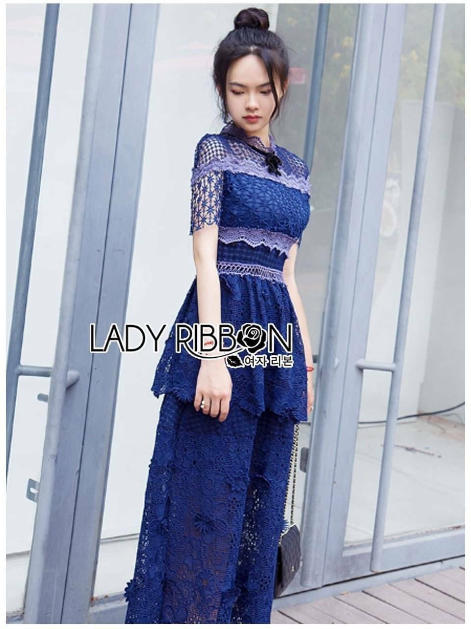 เดรสยาวผ้าลูกไม้สีน้ำเงิน