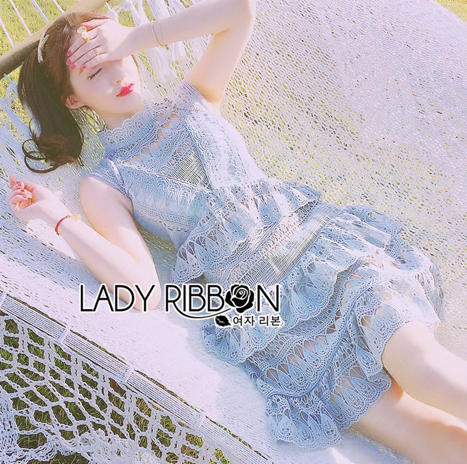 Lady Ribbon เสื้อผ้า LR09120516 🎀 Lady Ribbon's Made 🎀 Lady Abigail Classy Elegant High-Neck Layered Lace Dress in Baby Blue Self-Portrait Dress