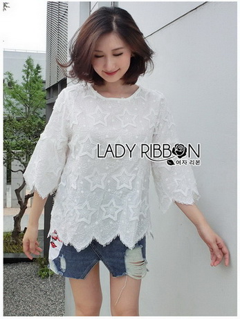 White Cotton Blouse Lady Ribbon ขายผ้าคอตตอนสีขาว
