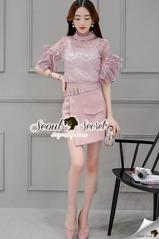 SS07010916 Seoul Secret Say's .... Pastel Pink Lace Belly Sleeve Set Material : เนื้อผ้าลูกไม้ปั