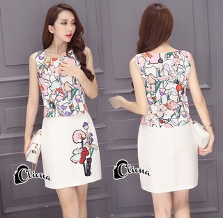 Lady Ribbon Online เสื้อผ้าออนไลน์ขายส่ง Cliona เสื้อผ้า CN11150816 Cliona Made' Freshy Floral Line Top + Skirt - เซ็ตเสื้อแขนกุด