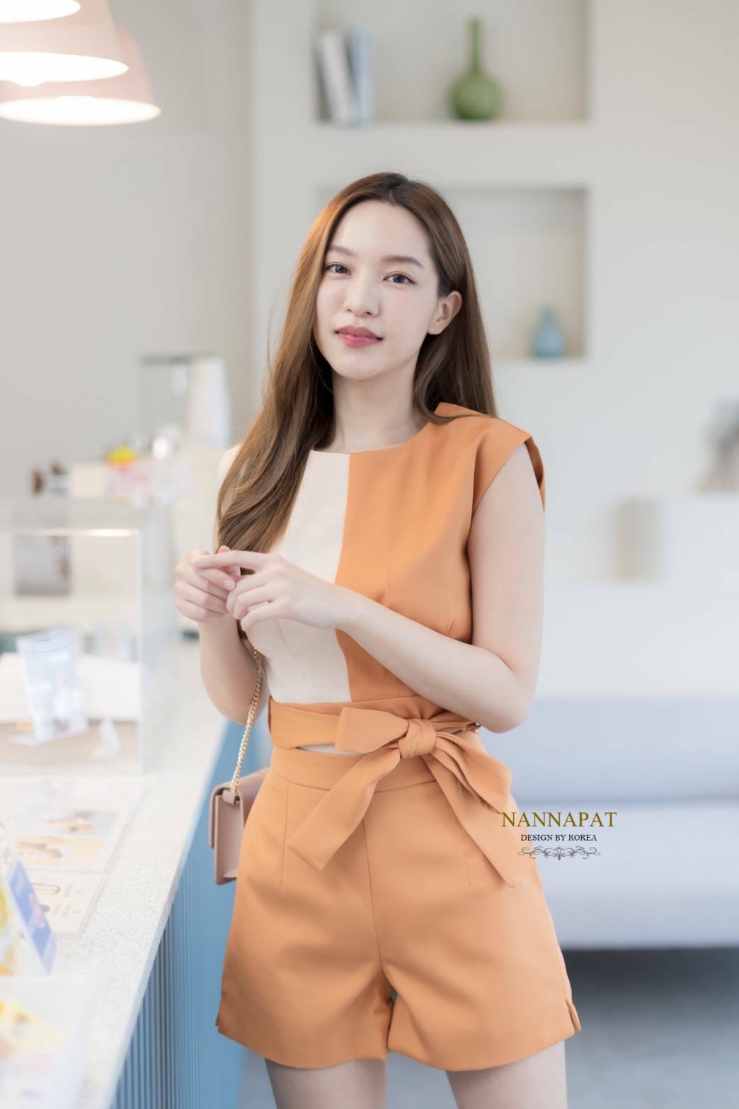 เสื้อทูโทน ซิปหลัง ผูกโบว์
