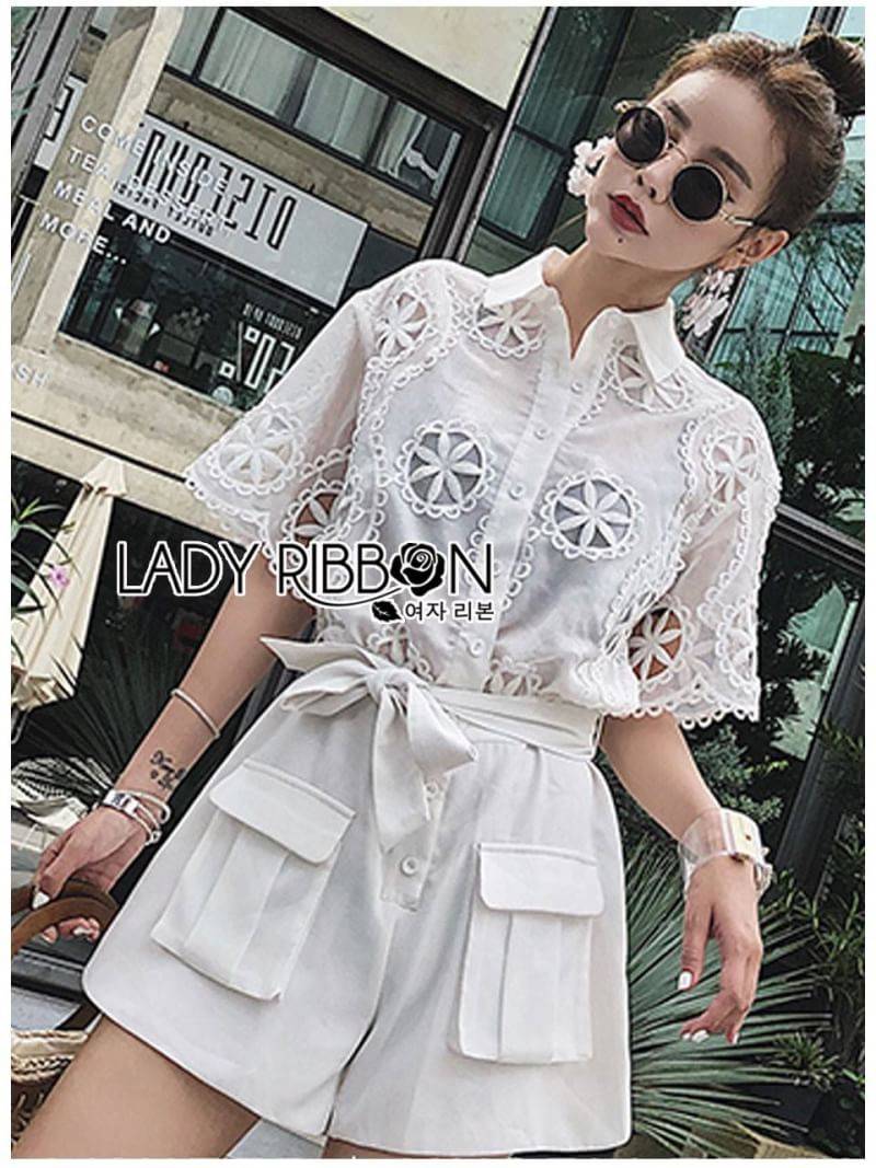 Shirt Jumpsuit เชิ้ตจัมป์สูทขาสั้นผ้าคอตตอนฉลุลาย