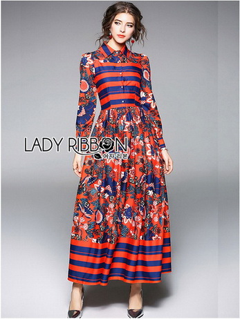 เชิ้ตเดรสพิมพ์ลายดอกไม้สลับลายทาง