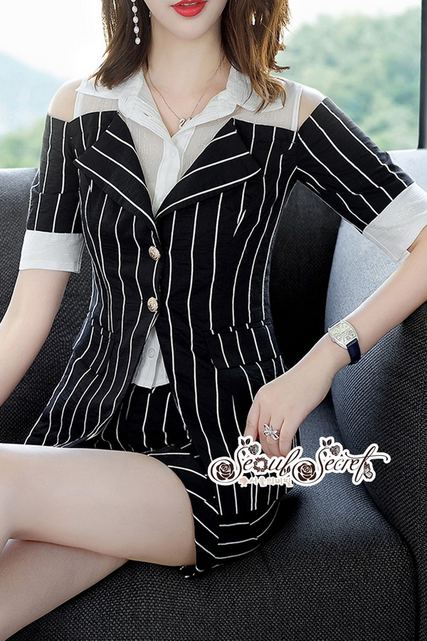 เสื้อสูทลุคสาวไฮคลาสทอลายริ้วคาดเส้นสีขาว