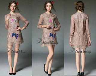 SW02010916 Sweet Bunny Present... Embroidered acoustic gold lace dress เดรสลูกไม้ปักงานแบรนด์ดัง
