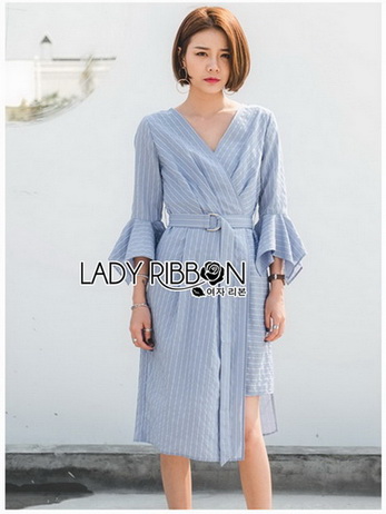 Lady Ribbon Cotton Dress เดรสสีฟ้าลายทาง