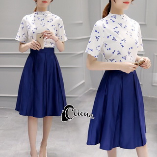 Lady Ribbon Online เสื้อผ้าออนไลน์ขายส่ง Cliona เสื้อผ้า,CN12220816 Cliona Made' Blue Print Luxury Set - เซ็ตเสื้อ+กระโปรง
