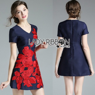 Lady Ribbon Online เสื้อผ้าออนไลน์ขายส่ง lady ribbon เสื้อผ้า LR16150816 Red Roses Embroidered Mini Dress มินิเดรสปักลายดอกกุหลาบสีแดง