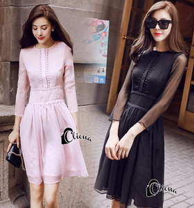 เดรสคอกลมแขนเลยศอก มา 2 สี ดำชมพูหวาน