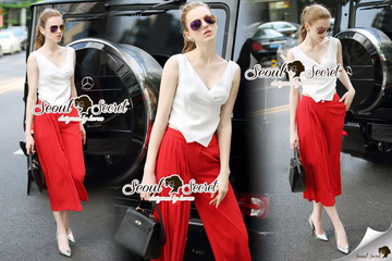 Lady Ribbon Online ขายส่งเสื้อผ้าออนไลน์พร้อมส่งของแท้ SS05220716 Seoul Secret Say's .... Coral Red Pants Cami Set