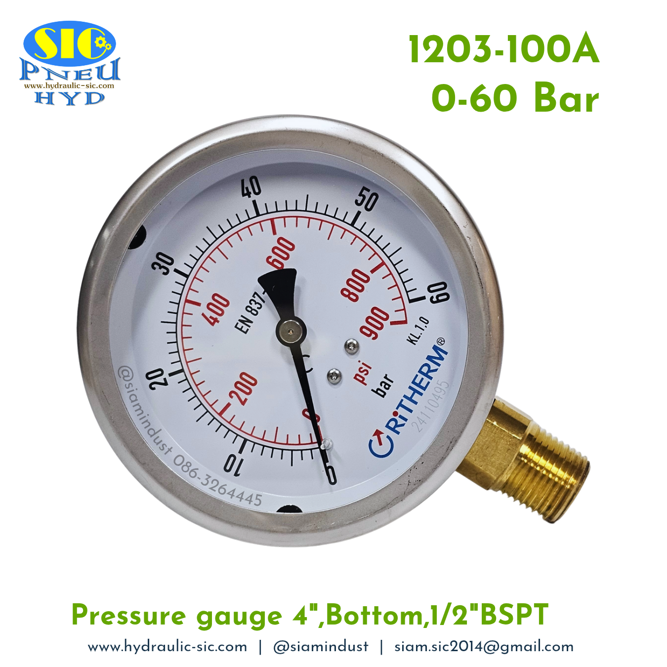1203-100A Pressure Gauge เกจวัดแรงดันหน้าปัด 4" เกลียว 1/2" BSPT ออกข้าง RiTHERM