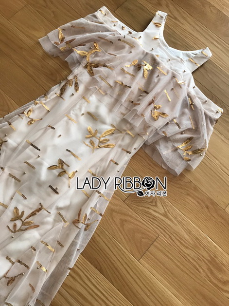 เดรสผ้าทูลเลปักเลื่อมสีทองตกแต่งระบาย