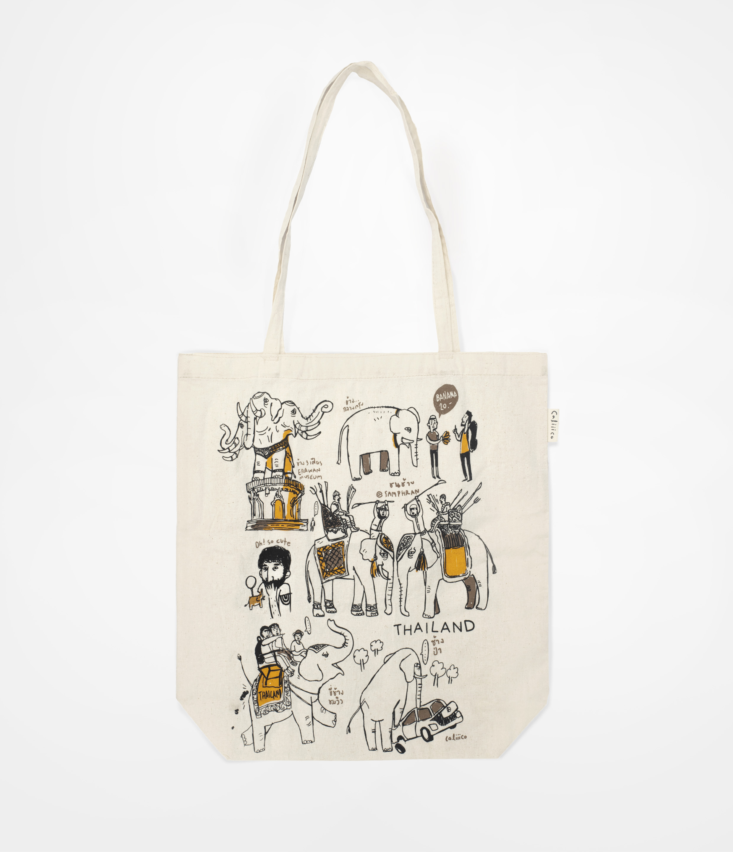 caliiicoกระเป๋าสะพายผ้าดิบ ลายไทยแลนด์ TTote bag natural fabric print with Thai Elephant