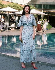 Maxi Dress แขนกว้าง สีพาสเทล
