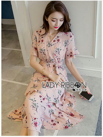 Lady Zoey Flower Printed Ruffle Zig-Zag Crepe Dress