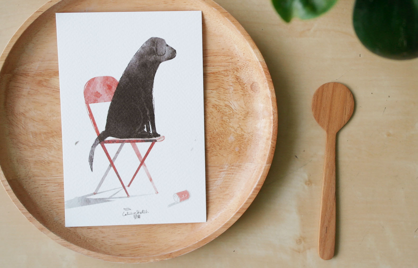 โปสการ์ด ลายหมาเก้าอี้แดง Labrador Retriever on Red Chair illustration postcard 4"x6" inch