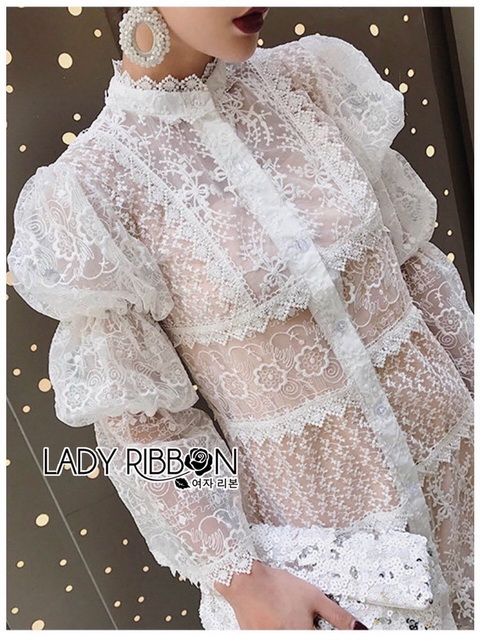 เชิ้ตเดรสผ้าลูกไม้สีขาวพร้อมซับในสีนู้ด
