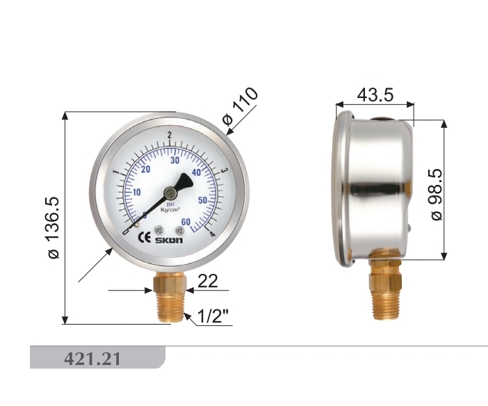 Pressure Gauge เกจวัดแรงดัน (421-21-*** : หน้าปัด 4" เกลียวออกข้าง) (SKON)