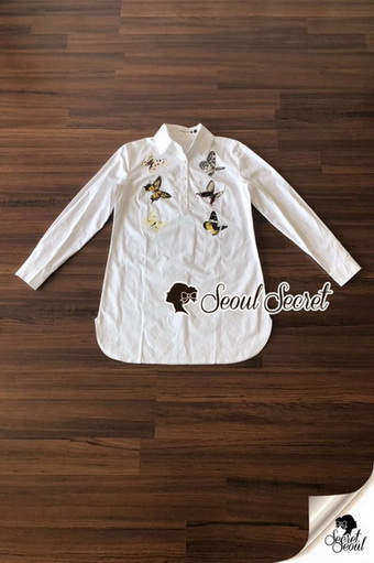 เชิ๊ทสีขาวลายผีเสื้องานปักเพชรวิ้งๆ