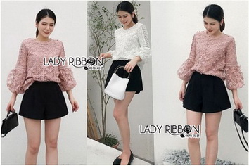 เสื้อแขนยาวผ้าลูกไม้ลายดอกไม้สไตล์วินเทจ