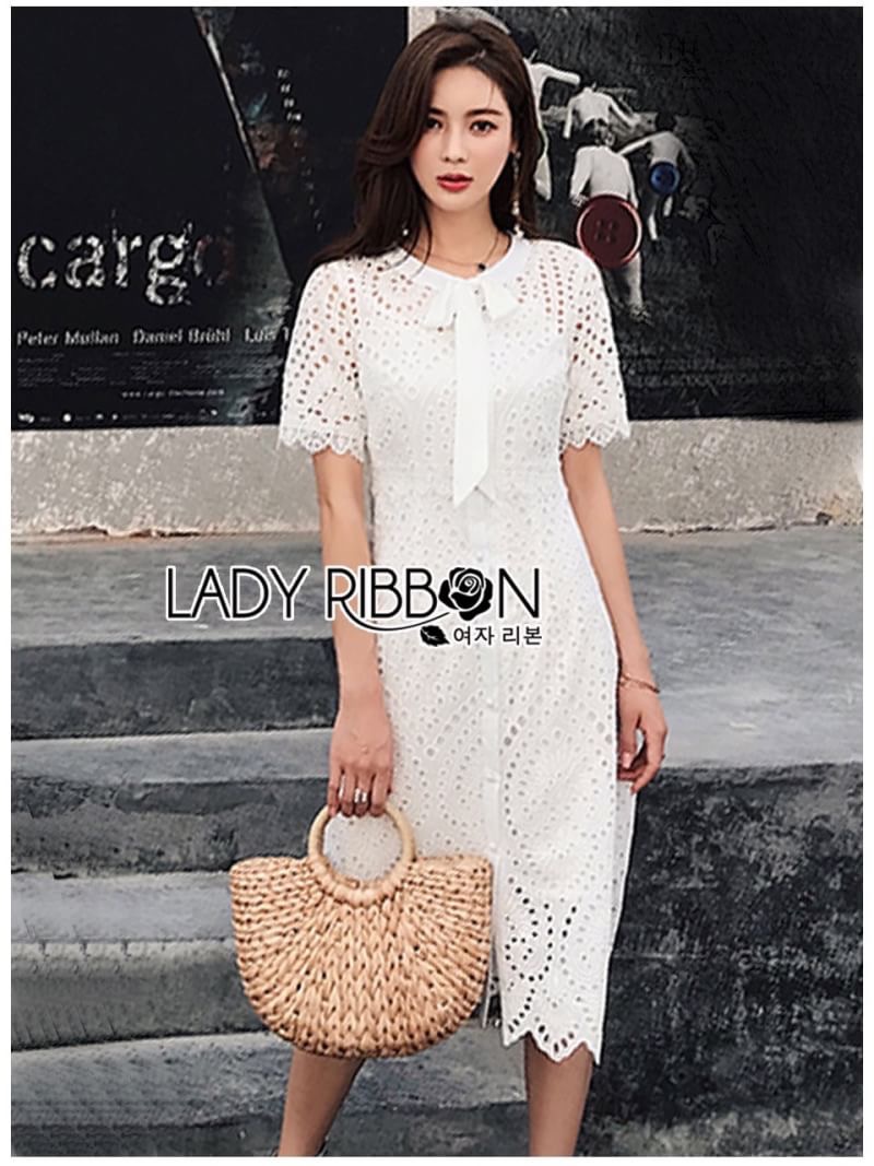 White Cotton Ribbon Dress เดรสยาวติดกระดุมผ้าคอตตอน